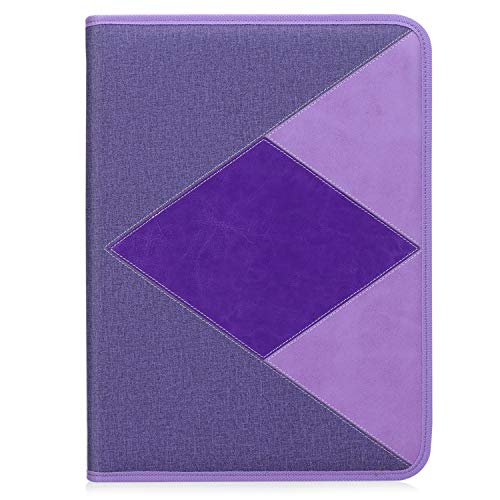 Fyy Zippered Padfolio Portfolio Case, Leather Business Conference Folder Document Organizer with Pocket for iPad/Tablet (up to 12.9"), Card Holders and A4 Size Clipboard Purple