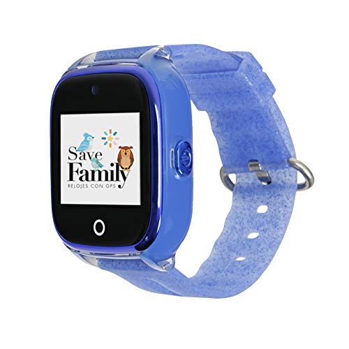 Reloj con GPS para niños SaveFamily Modelo Superior acuático con cámara Color Azul Glitter. Smartwatch con botón SOS, Permite Llamadas y Mensajes. Resistente al Agua Ip67