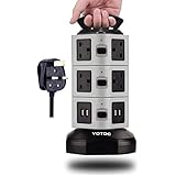 Extension Lead,YOTOC 10 Way Outlet Switched Surge Protector Tower Power Strip With 4 USB Ports Charging Station UK Plug Extension With Retractable 3m/9.8ft Power Cable Grey