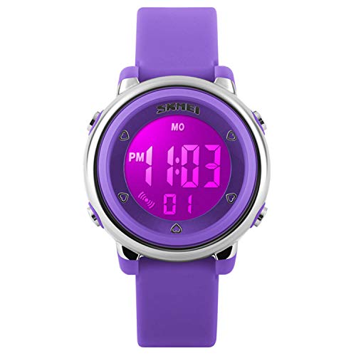 Reloj digital LED infantil, resistente al agua, con alarma luminosa y cronómetro, para deportes de exterior, en color morado