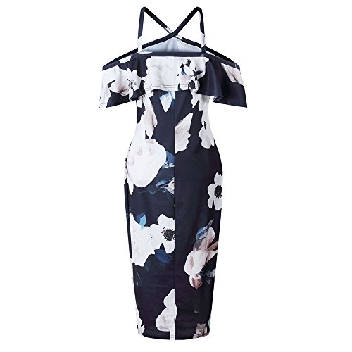 WWricotta Women Printing Cross Off Shoulder Dress Evening Party Dress Sundress NY/XL(Marine, XL)