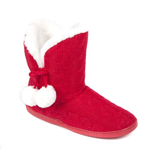 Ladies Bootie Slippers Size 3 to 8 UK Knitted Boot with Fur Lining & Pompoms - GREAT XMAS GIFT
