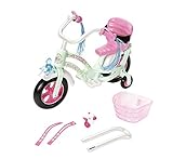 WEISSES RAD MIT MINT-FARBENEN HIGHLIGHTS: Das Fahrrad von BABY born hat eine weiße Grundlackierung, mint-farbene Highlights mit aufwändiger Blümchenverzierung und aerodynamisch pinke Felgen