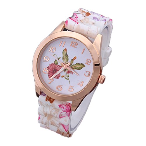 FEITONG Mdchen Damenuhr Blume Gedruckt Silikon Band Analoge Quarz Armbanduhr Rosa