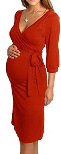 Top Women Maternity Dress V-Neck Pregnancy Clothes Dress Size 8 -16 (S-M, Red)