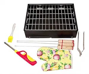 Fleebounce Foldable Barbeque Grill Set for Home Tandoor with 3 Skewers | Tong | Lighter | Glove | Oil applicator Brush