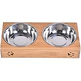 Gorgebuy Futterstation 2 Edelstahlnäpfe mit Holz Halterund Katze andere Kleintiere ( M )