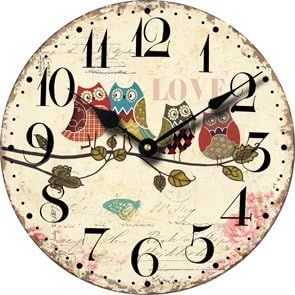 Yung Jo 12" Cute Cartoon Vintage Owl Design Arabic Numerals Rustic Country Tuscan Style Wooden Decorative Round Wall Clock (Owl) …