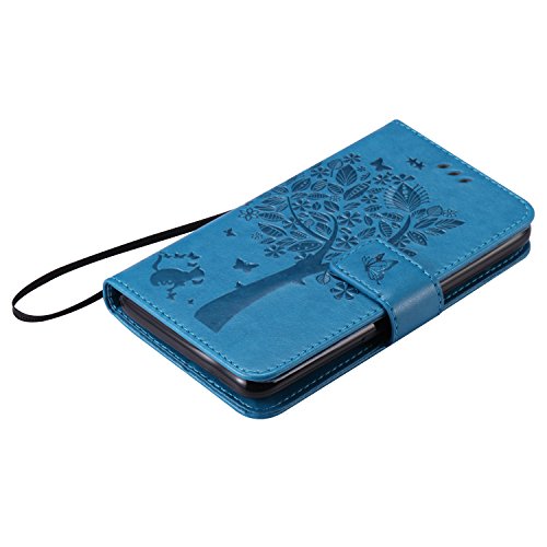 Sony Xperia E4 Hülle, Feeltech Premium Design PU Leder Beschützer Haut Schutzfolie Tasche, Geprägte Baum Katzen Schmetterlings Blumen Muster [with Free Stylus Pen] Kartenfächer Kreditkarte Holder Stand Funktion Magnetverschluss Bookstyle Flip Wallet Handyhülle für Sony Xperia E4 – Blau - 5