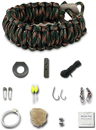 Firestarter Bracelet Survival Kit - includes a Scraper Knife which is also the Firestarter for use with the Flint Striker - Unravelled the Firestarter Braclet gives 12 foot of 500lb Paracord - Inside the Contents are a Full Survival Fishing Kit - Tinder for Starting Fire - and More