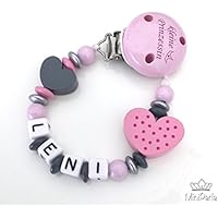 Schnullerkette mit Namen - Kleine Prinzessin - Herz - Mädchen - rosa- grau - silber - B018