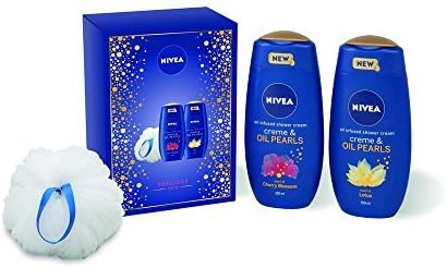 Nivea Precious Skin Gift Pack with Oil infused Cherry Blossom shower gel 250ml, Oil infused Lotus shower gel 250ml and Shower Puff