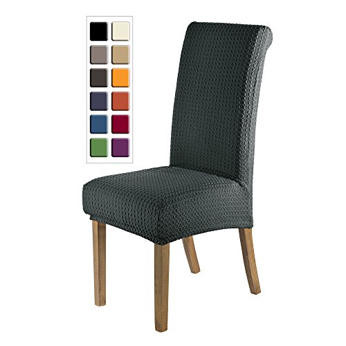 SCHEFFLER-HOME Jacquard Lea Stuhlhussen 2 Stück, Stretch-Stuhlbezug elastische moderne Husse, Dekoration Stuhl-Abdeckung aus Elastik-Stoff mit Gummiband für universelle Passform, elastic Spannbezug - in Anthrazit