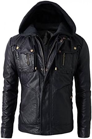 New Men's Brando Style Biker Synthetic Leather Hoodie Jacket - Detach Hood (XS-40")