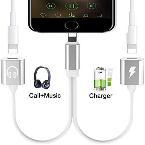 Lightning Jack Headphone Adapter for iPhone 7/7 Plus 8/8 Plus iPhone X/10, 2 in 1 Dual Lightning Ports Splitter Cable Adaptor, Charge and Headphone Audio Converter. [Phone Call+Volume Control+Charge+Music]Support iOS 11 or Later(Silver)