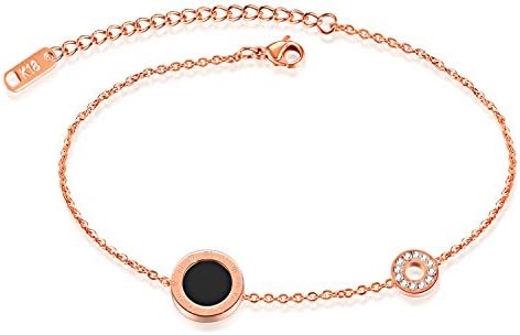 iLove EU Anklet Ankle Chain Bracelet with Rose Gold Stainless Steel Black Cubic Zirconia Roman Numerals Round Disc Circle Ring Adjustable Women's Elegant Charm
