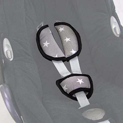 Babys-Dreams UNIVERSAL 3tlg. SET Gurtpolster + Schrittpolster für Maxi-Cosi, Römer – GRAU MIT WEISSEN STERNEN – Babyschalen Gruppe0 NEU STERNE - 2