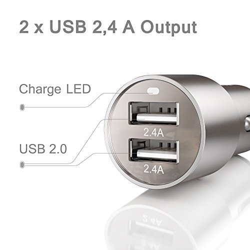 nica Caricabatteria per auto 2 porte USB (2x2,4A) Acciaio inossidabile Universale veloce doppio caricatore auto per iPhone Android iPad PSP Tablet Smartphone per esempio Apple Samsung HTC Sony LG Nokia Wiko Huawei Motorola - Argento