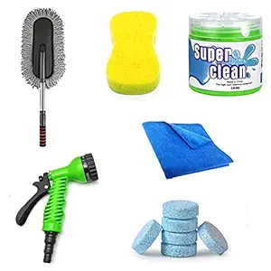 car Cleaning kit Combo car Accessories Cleaning(Microfiber car Duster/Sponge/Cleaning Gel/7in1 Spray Gun/Cloth/5Pcs Magics Tablet)-Car Washing kit (6PCS Combo