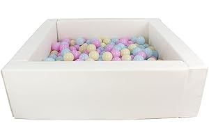 Velinda Piscine à balles carrée avec 200 balles, Cuir écologique, 5 éléments (Couleur de la Piscine/de balles: Blanc/Rose, Bleu, Jaune (Pastel))