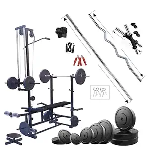 HASHTAG FITNESS 20 in 1 PVC Home Gym Flat Bench with Home Gym Equipments and Combo Kit, 50 kg, Black