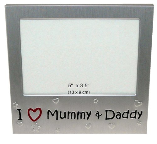 ' I Love Mummy & Daddy ' - Photo Picture Frame Gift - 5 x 3.5 inch - Brushed Aluminium Satin Silver Colour