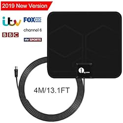 1byone Ultra plana antena TV TDT interior DVB-T DVB-T2, Mayor rango de recepción de 40 KM, con materiales de alta calidad, 4 metros de cables de alto rendimiento, duraderos y resistentes, incluso en condiciones climáticas extremas, Negro