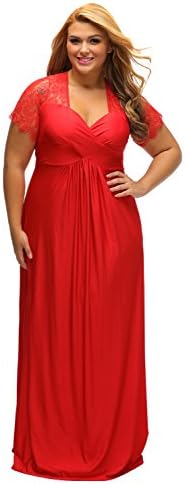 ILFtrend Women Twist High Waist Plus Size Gown Lace Yoke Ruched Deep V Neck Evening Party Dresses (UK22-24= XXL, Red)
