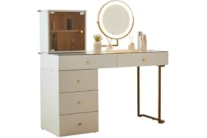 HAINEW Sminkbord med spegel och 5 lådor, modernt vitt toalettbord sminkbord med glas bordsskiva och glasskåp, utan pall, 120