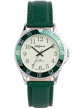 Lucardi - California - California Armbanduhr für Jungen mit grünem Lederband für Kinder - Edelstahl