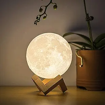 Refulgix Touch Sensor 3D Moon Lamp with Wooden Stand for Bedroom (7, Multicolour, 15 cm)Pack of 1