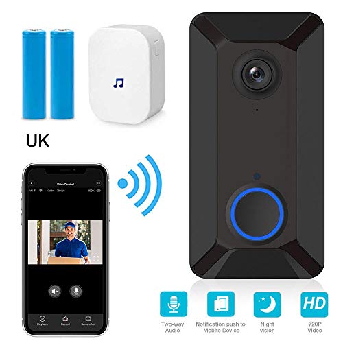Sonnette vidéo sans fil WiFi, 720P HD Caméra intelligente avec sonnette, carillon, conversation bidirectionnelle, détection de mouvement PIR et vision nocturne, commande à distance pour iOS / Android