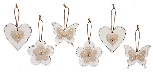 6x Deko Anhänger Blume Herz Schmetterling zum Hängen aus Holz weiß, 8 x 7,2cm, Frühlingsdeko Hängedeko für Frühling Sommer