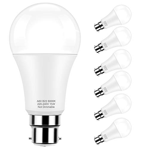 Bombillas LED Base estándar B22, Globo LED A60 15W (Bombilla equivalente 150W), Blanco frío 6000K, Ángulo de haz 360 °, Paquete de 6 por Pursnic