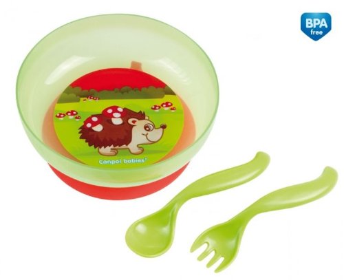 Bowl with lid, suction ring and cutlery 350 ml