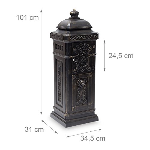 Relaxdays Standbriefkasten Antik HBT: 106 x 38 x 34 cm nostalgischer Säulenbriefkasten aus rostfreiem Aluminium englischer Briefkasten Postkasten in britischem Design mit Posthorn, bronze - 3