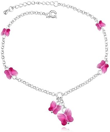 Women Fashion Anklets Link Anklet Bracelets Girl Alloy Crystal White Gold Plated Purple Fuchsia Butterfly Dream