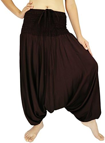 Rosina's women Harem Smocked Waist 2 Types Jumpsuit Trousers (Brown)