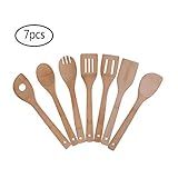 Ustensiles de Cuisine en Bambou, Lot de 7 ustensiles de cuisine en bois Cuillères et spatule 30 cm, le meilleur pour non Collant Poêles et casseroles