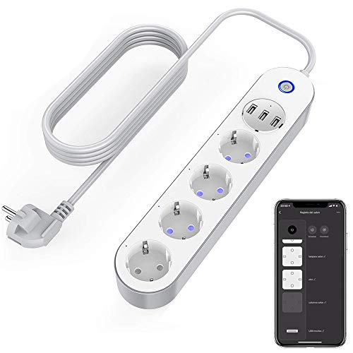 Regleta Inteligente WiFI, Enchufe Múltiple 4 Tomas 3 USB, Control de Voz, Control de Aplicaciones y Función de Temporización, Compatible con Alexa, Google Home e IFTTT