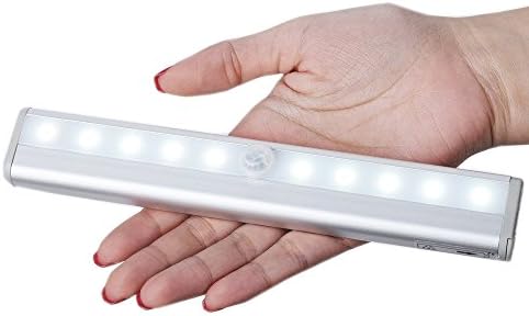 Night Light Motion Sensor Wardrobe Light, Wireless Portable Motion Activated Light Bar, Indoor High Bright 10 LEDs Battery Powered Led Under Cabinet Light Wardrobe Light with 3M Stick- On Magnetic Strip for Showcase / Cupboard / Stairs / Closet (Silver)