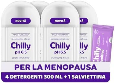 Chilly, Detergente Intimo pH 6.5, Nutriente per la menopausa, con Complesso Anti-Odor Igiene Intima, Con acido ialuronico dalle proprietà idratanti, pH 6.5, Clinicamente Testato, 4 Pezzi da 300 ml