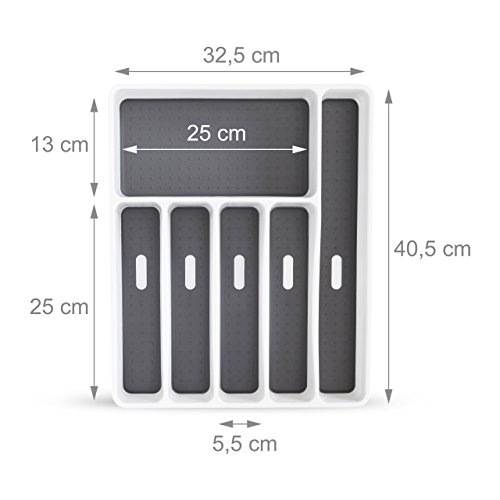 Relaxdays 10019240 Besteckkasten aus Kunststoff mit 6 Fächern Besteckeinsatz mit gummierten Böden und rutschhemmenden Füßen passender Einsatz für nahezu jede Schublade, 5 x 32,5 x 40,5 cm, weiß / anthrazit - 3