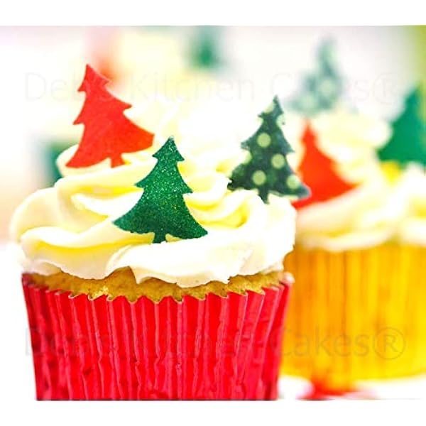 Christmas Cake Decorations Edible Wafer Cupcake Christmas Trees Green And Red Trees X 36 Amazon Co Uk Kitchen Home