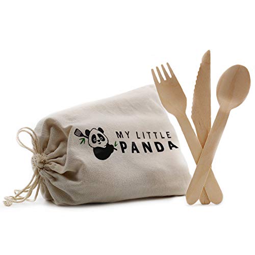 Juego de cubiertos desechables de madera en una hermosa bolsa de algodón | 100% natural, ecológico, biodegradable y compostable | Disfruta de tu comida sin contaminación plástica.