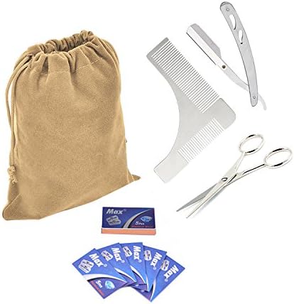 Beard Grooming Kit For Men, Beard Grooming Shaping Comb with Professional Barber Straight Edge Razor[Blades Included] and Stainless Steel Scissors - Easy to Use - Classic Style for Individualized Shaving