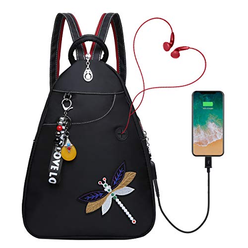 Eshow Mochila Bolso Bandolera Negro para Mujeres y Chicas de Tela Oxford Viaje Casual Escolares