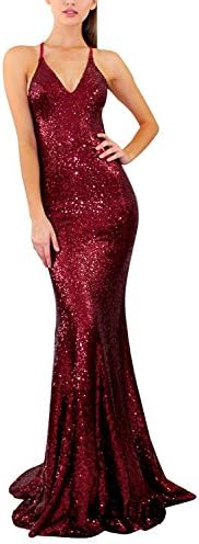 Women's Spaghetti Strap V-Neck Sequined Burgundy Mermaid Long Prom Dresses