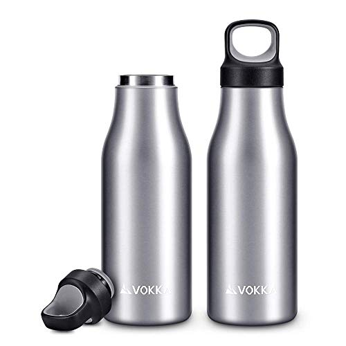 VOKKA Stainless Steel Water Bottle Flask [450 ml], BPA-Free, Vacuum-Insulated, Keeps Drinks Cold 24 Hours & Hot 12 Hours, Metallic