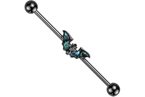 beyoutifulthings Industrialny piercing nietoperz, czarny, abalone, przemysłowy barbell, stal chirurgiczna, długość pręcika 38 mm, Stal nierdzewna